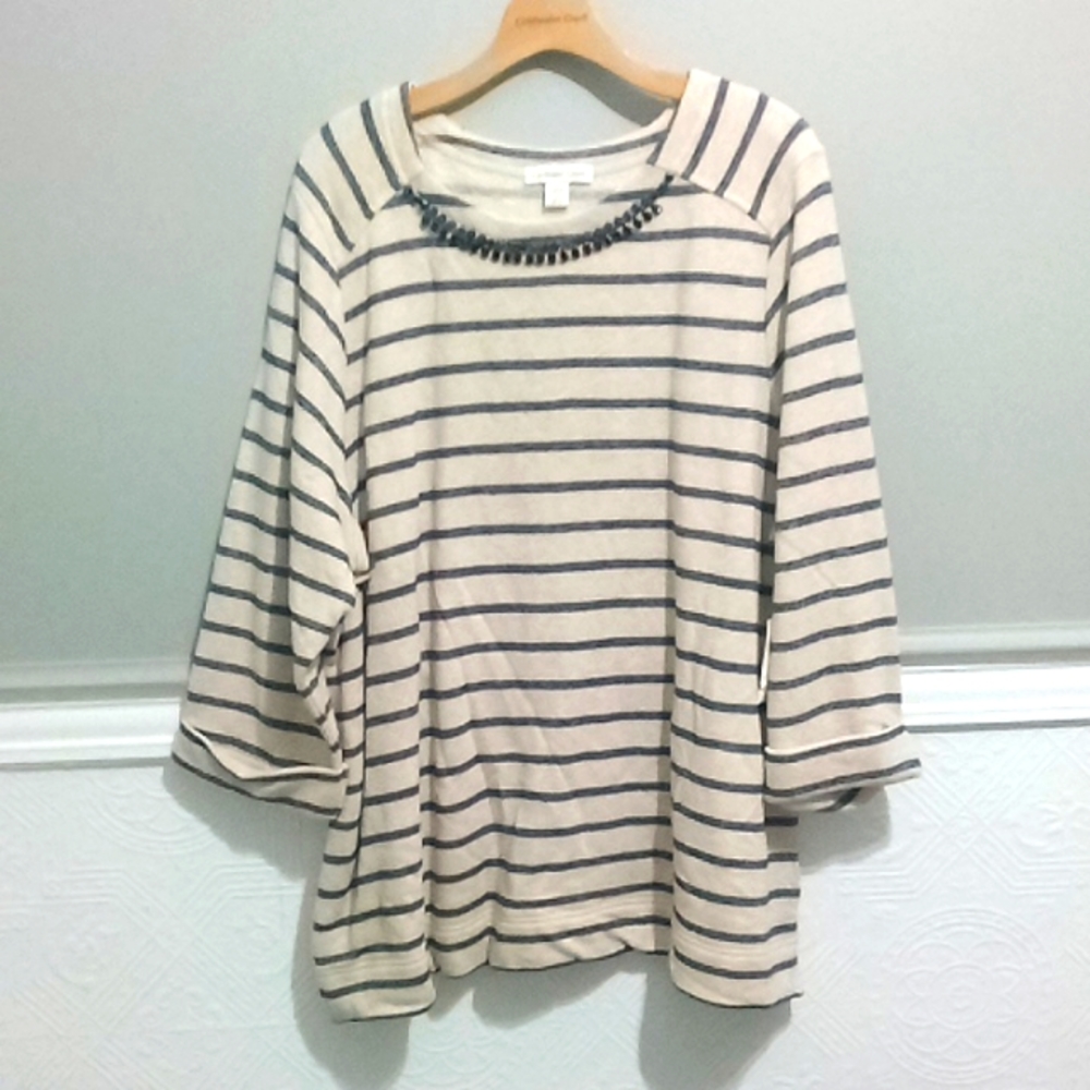 Jeweled Stripe sweatshirt, blue stripe and tan, 3/4 sleeves,banded hem sleeves